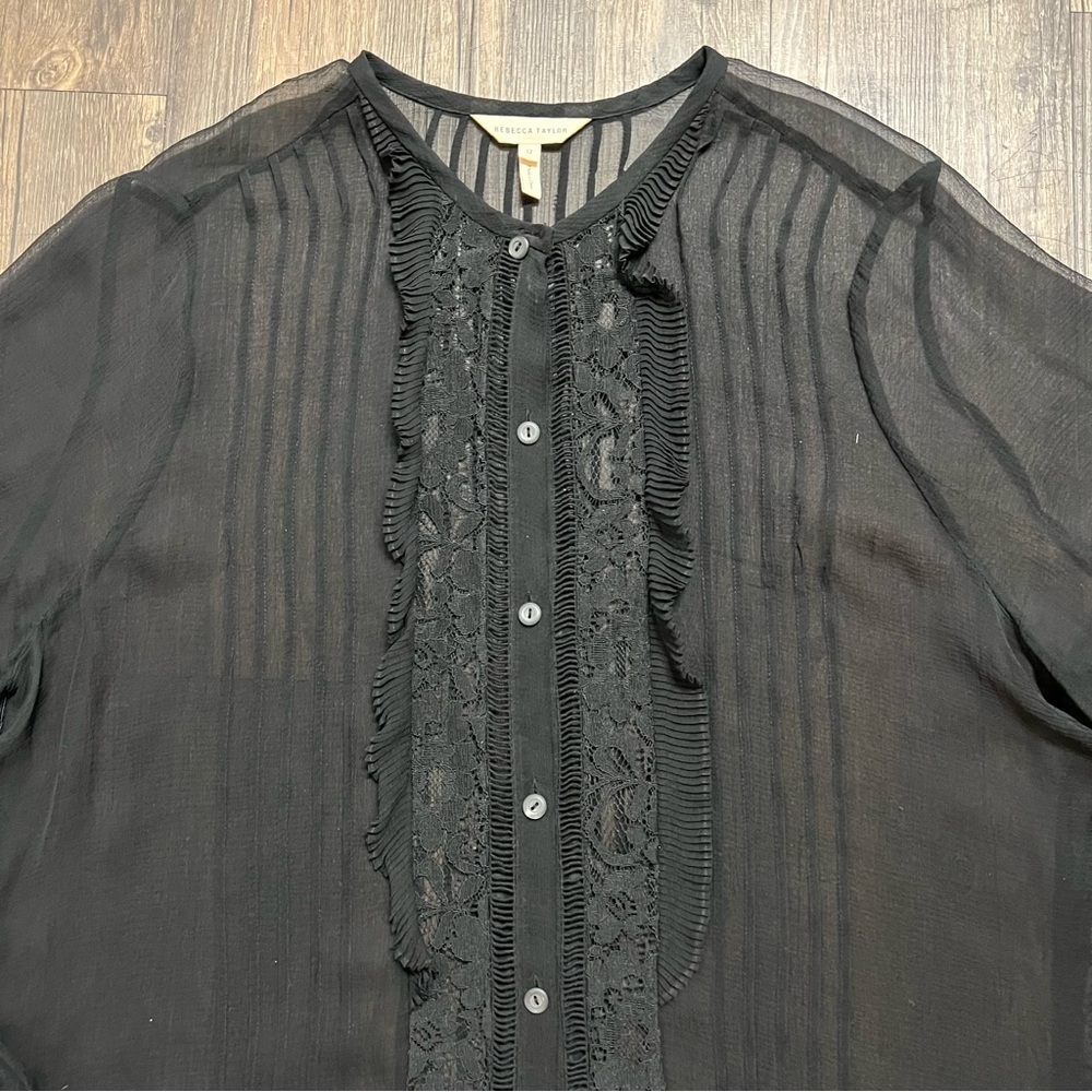 Rebecca Taylor Black Crewneck Long Sleeves Ruffled Button Up Sheer Blouse 12 - Picture 10 of 12